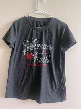 Woman of Faith Rhinestone Short Sleeve Tee - Black